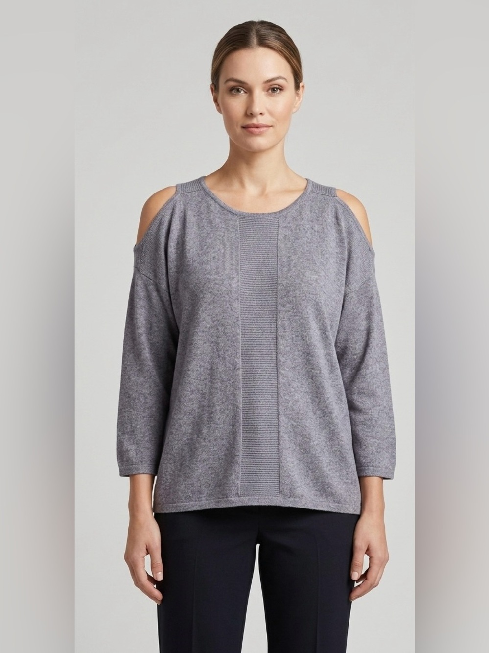 Neiman Marcus Grey Cashmere Blend Cold Shoulder Sweater Top - Size M